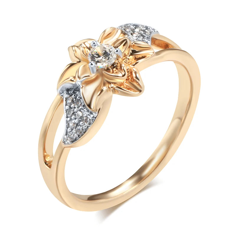 Rose Gold Color Silver Plated Flower Rings For Women Vintage Natural Zircon Bride Wedding Jewelry Luxury Ring