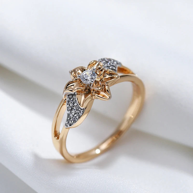 Rose Gold Color Silver Plated Flower Rings For Women Vintage Natural Zircon Bride Wedding Jewelry Luxury Ring