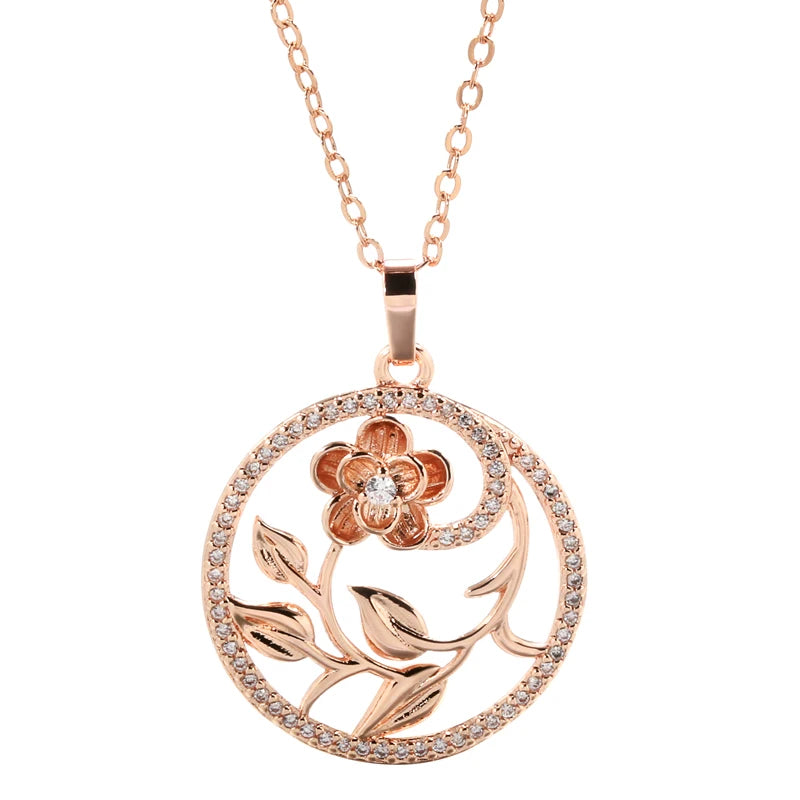 Rose Gold Hollow Flowers Necklace For Women Fashion Natural Zircon Wedding Party Daily Ethnic Jewelry