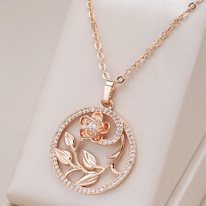 Rose Gold Hollow Flowers Necklace For Women Fashion Natural Zircon Wedding Party Daily Ethnic Jewelry