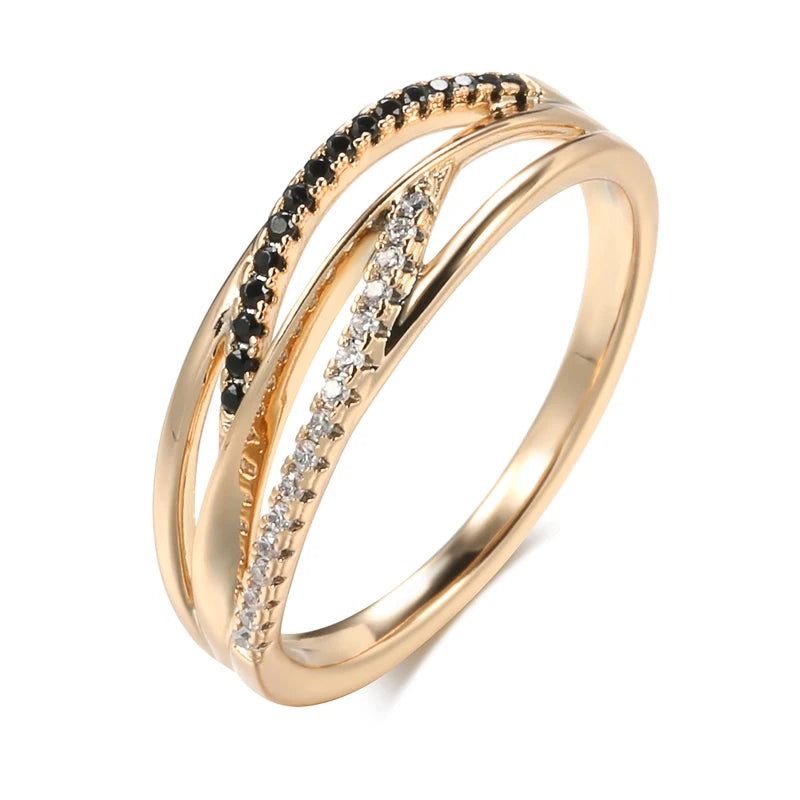 Unusual 585 Rose Gold Natural Black Zircon Ring Fashion Geometry Cross Rings for Women Vintage Wedding Jewelry