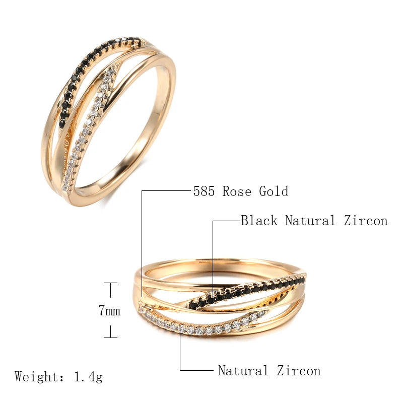 Unusual 585 Rose Gold Natural Black Zircon Ring Fashion Geometry Cross Rings for Women Vintage Wedding Jewelry