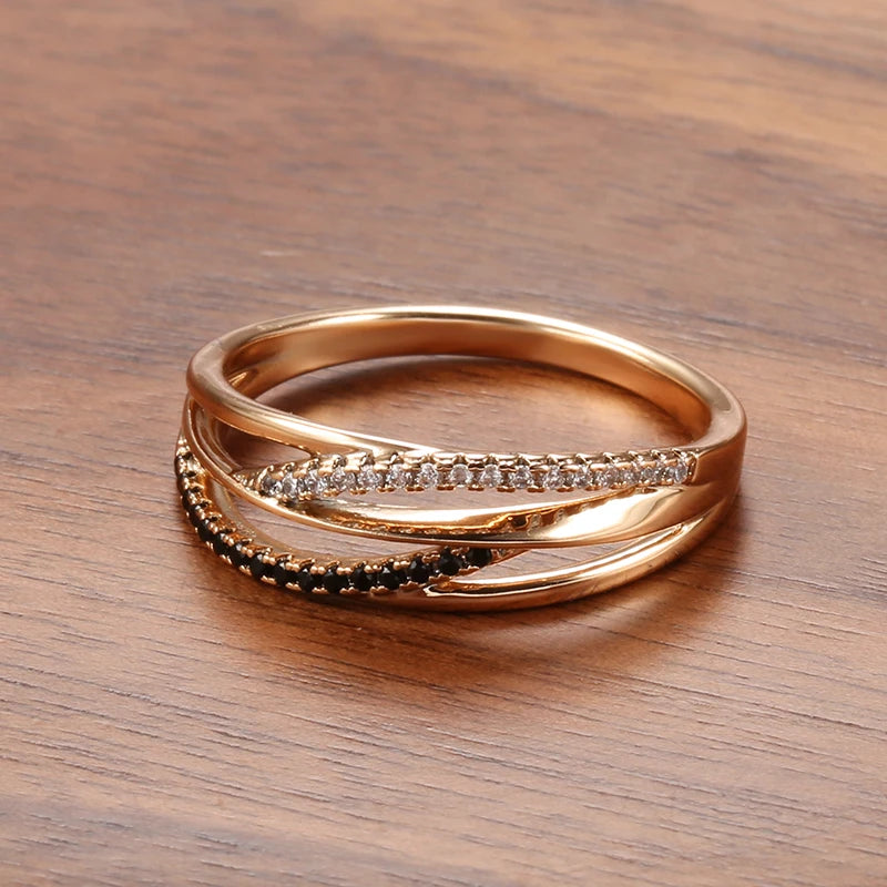 Unusual 585 Rose Gold Natural Black Zircon Ring Fashion Geometry Cross Rings for Women Vintage Wedding Jewelry