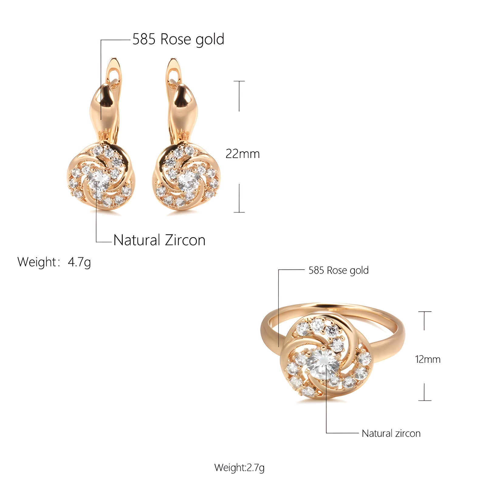 Rose Gold Natural Zircon Flower Earrings and Ring Set