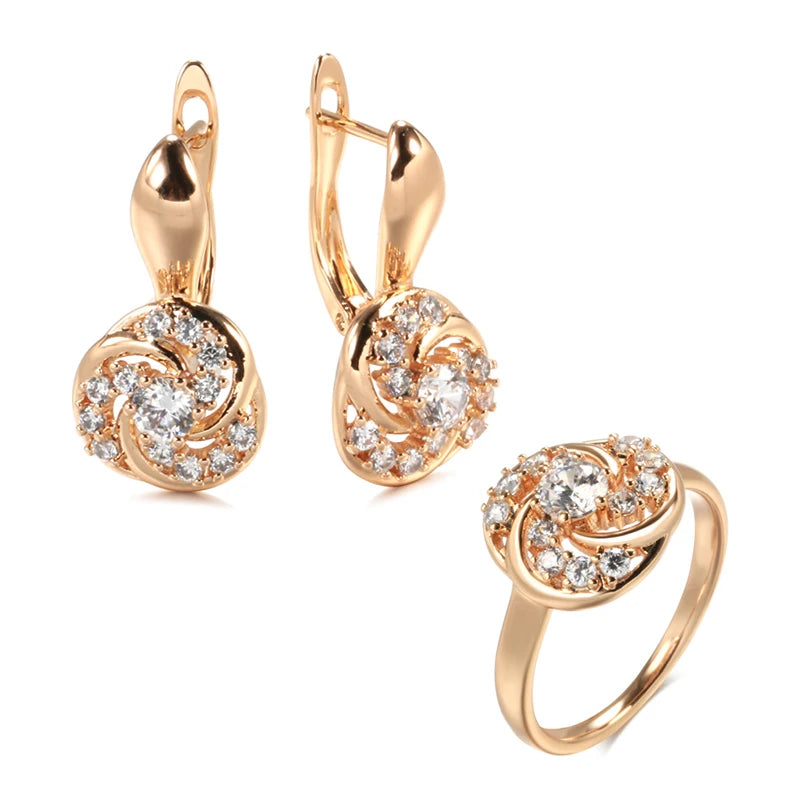 Rose Gold Natural Zircon Flower Earrings and Ring Set
