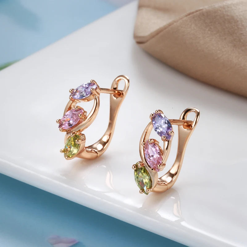 585 Rose Gold Dangle Earrings for Women Fashion Pink Colorful Natural Zircon Earrings Party Cute Wedding Jewelry