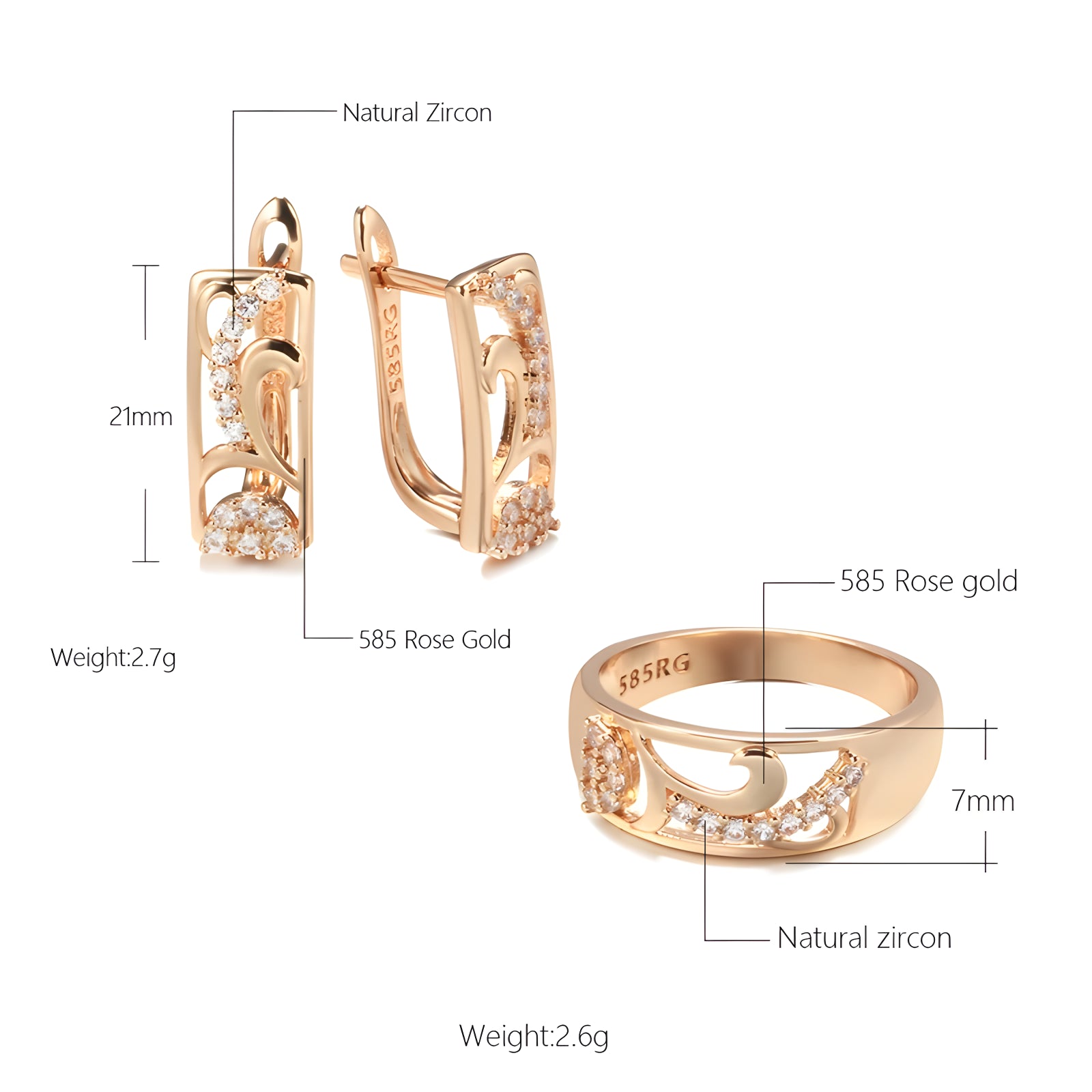 Rose Gold Petal Hollow Natural Zirconia Earrings Ring Set