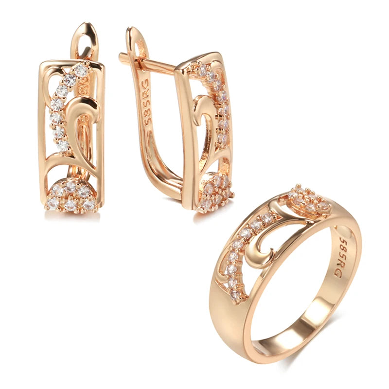 Rose Gold Petal Hollow Natural Zirconia Earrings Ring Set