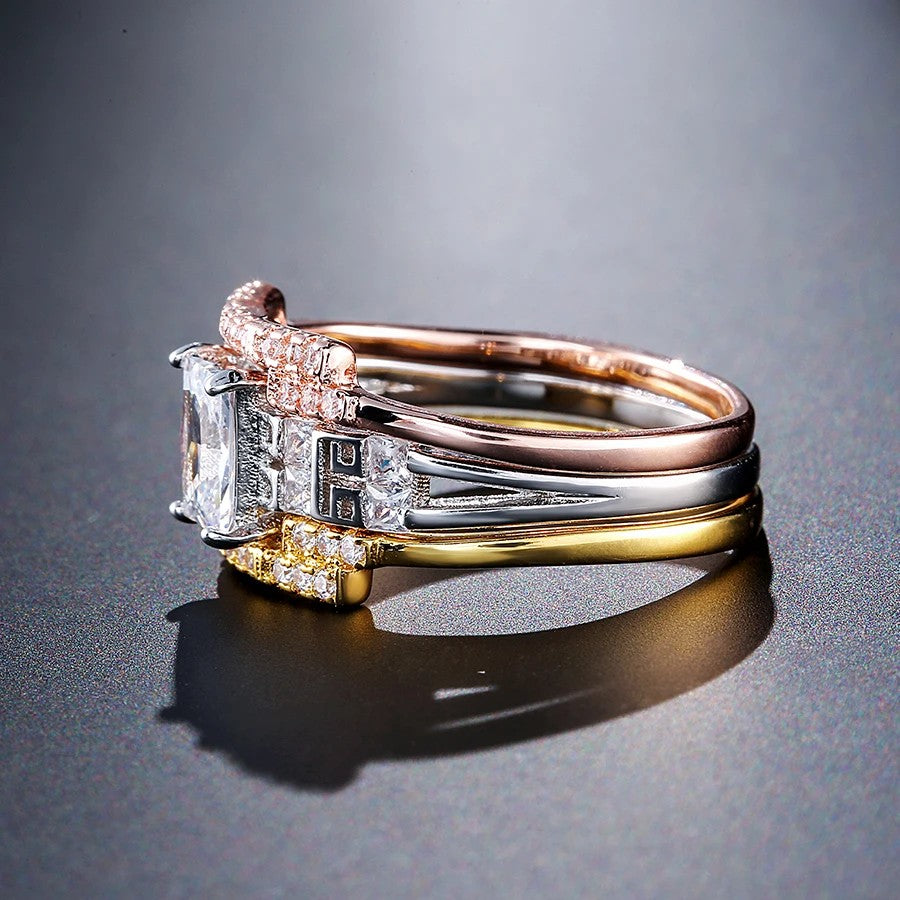 Rose Gold Bridal Wedding Ring Sets Shiny Square Natural Zircon Engagement Jewelry