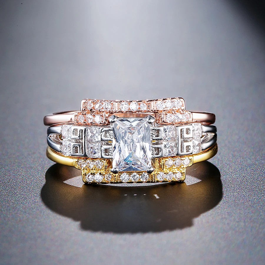 Rose Gold Bridal Wedding Ring Sets Shiny Square Natural Zircon Engagement Jewelry