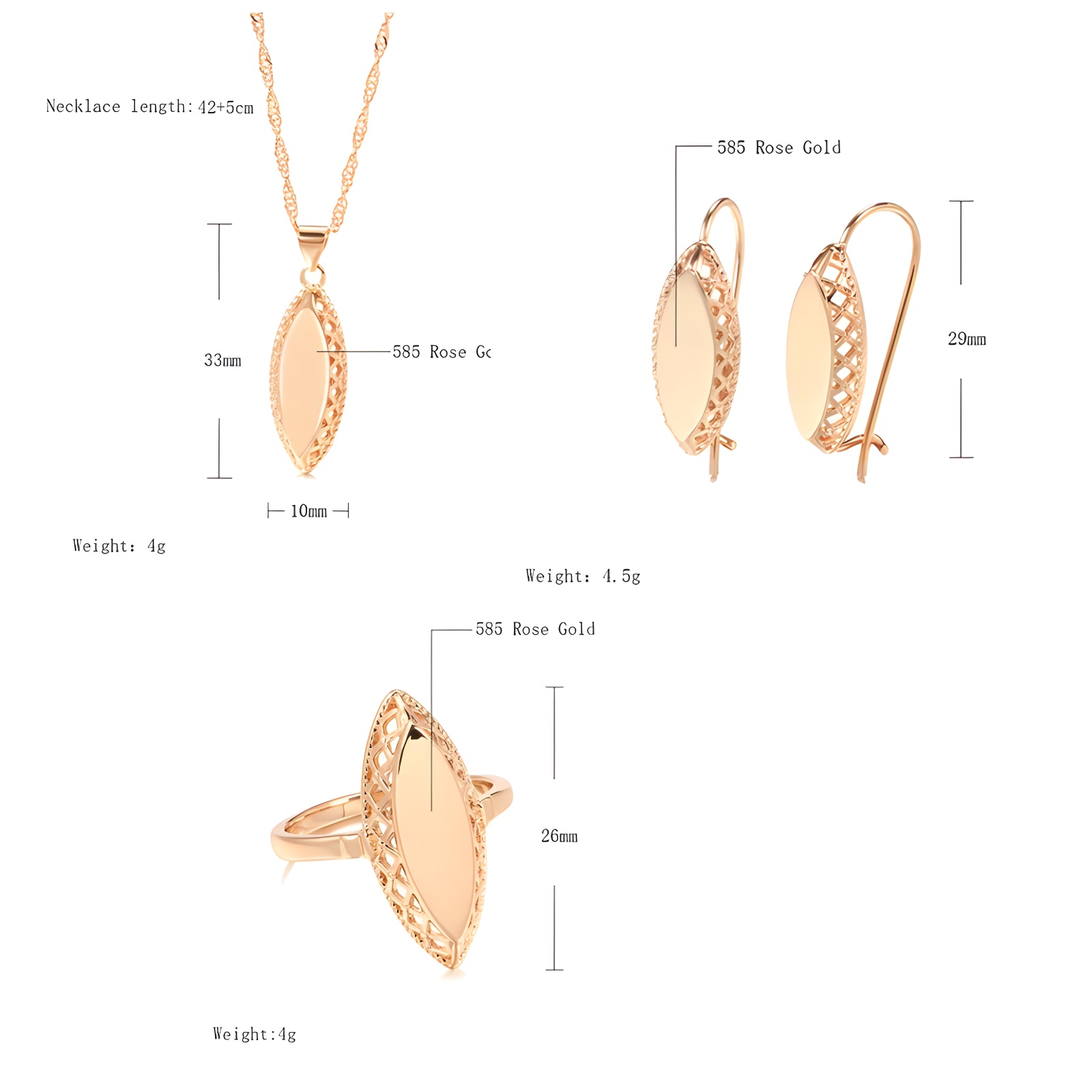 Rose Gold Simple Rhombus Weaving Glossy Necklace Earrings Ring Set for Women