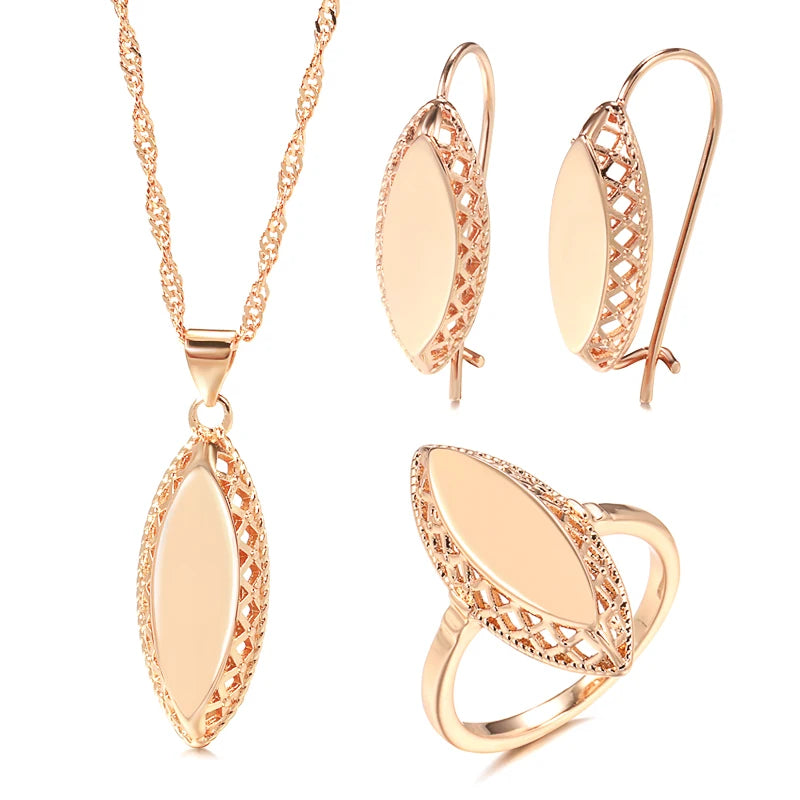 Rose Gold Simple Rhombus Weaving Glossy Necklace Earrings Ring Set for Women