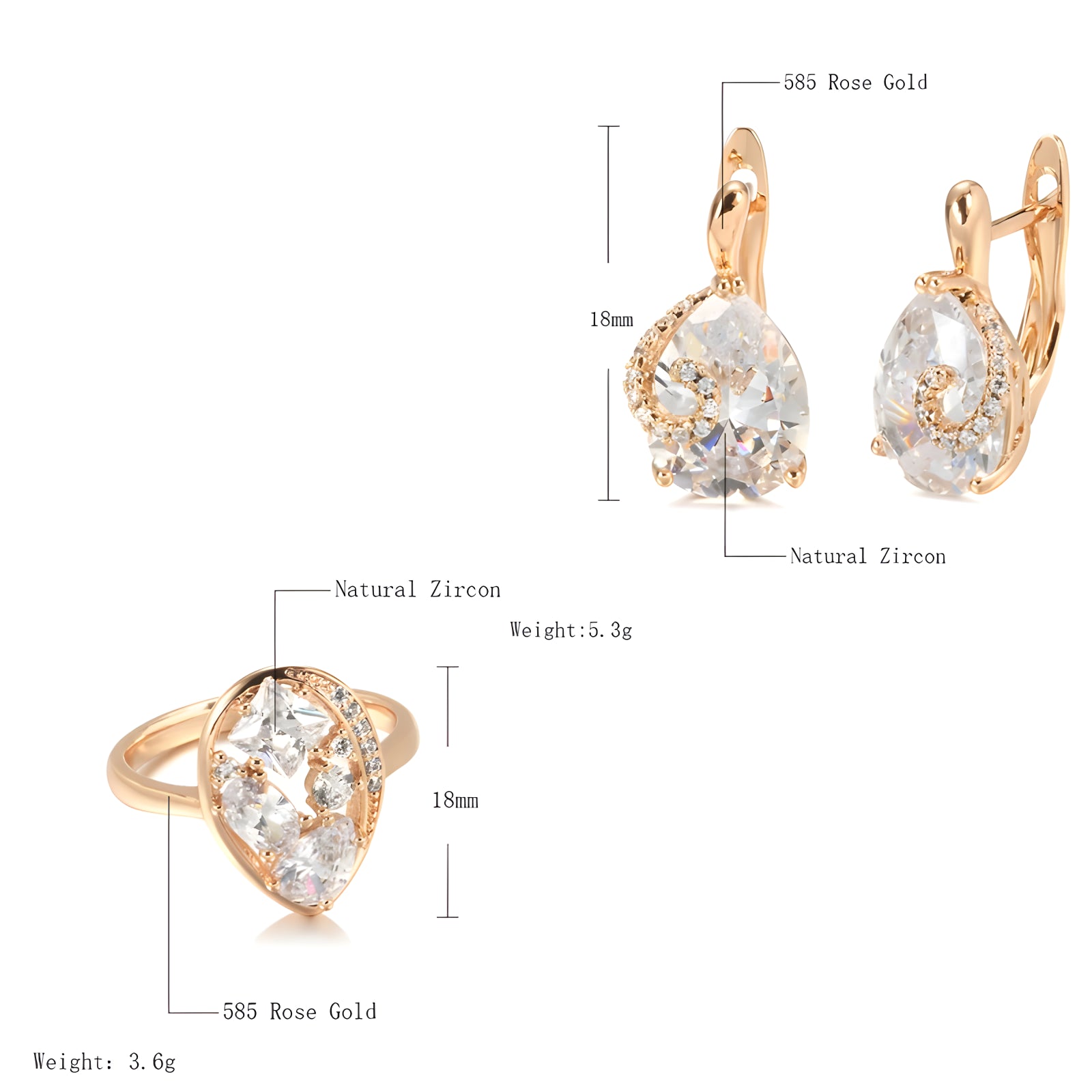 Rose Gold With Natural Zircon Earrings Ring Stes For Women