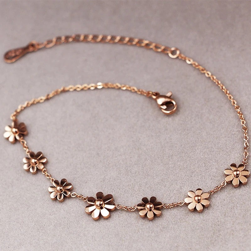 Titanium Steel 7 Daisy Anklets For Women Rose Gold Color Fashion Prevent Allergy Summer Jewelry