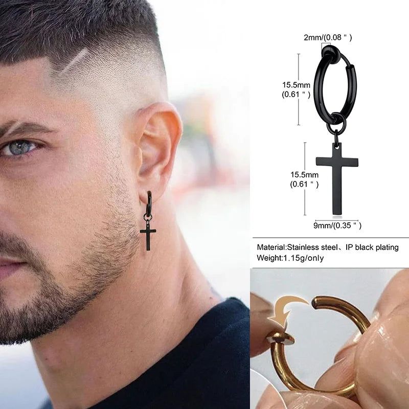 Stainless Steel Earring with Cross Charm for Guys