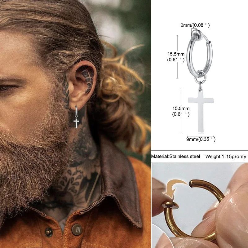 Stainless Steel Earring with Cross Charm for Guys