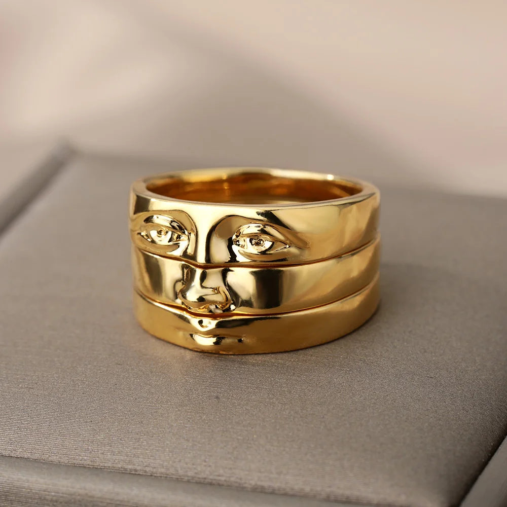 Stainless Steel Gold Plated Vintage Face Finger Ring Set