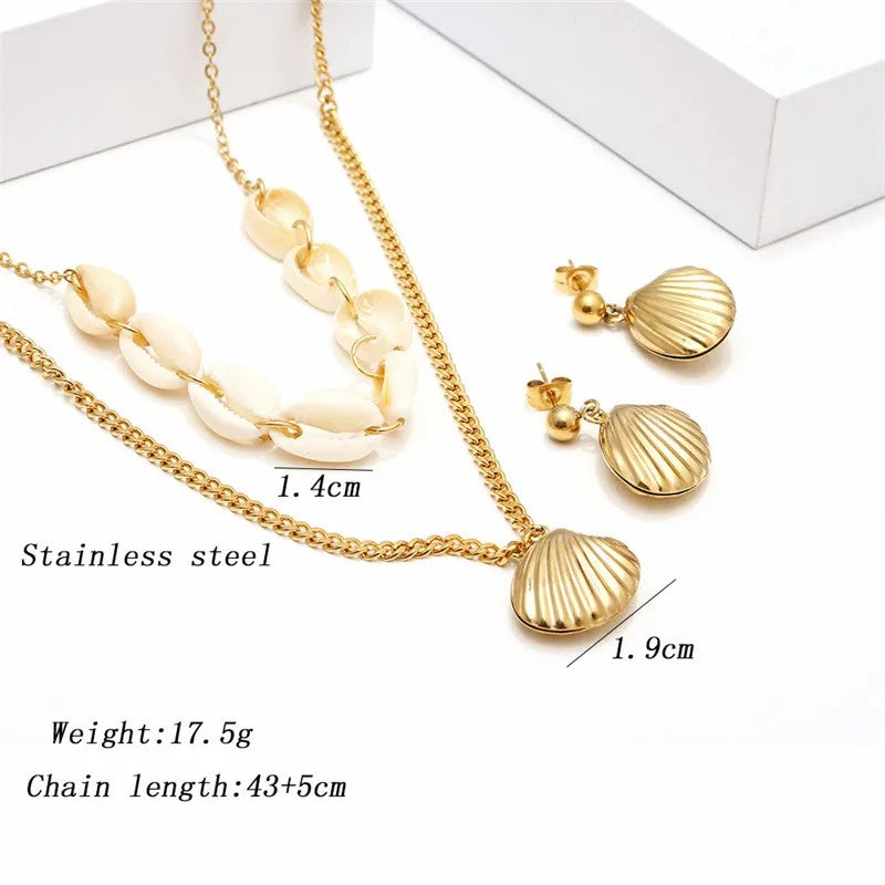 Summer Beach Women Jewelry Double-layer Necklace Earrings Set Accessories Fashion Jewelry Stainless Steel Jewelry Sets