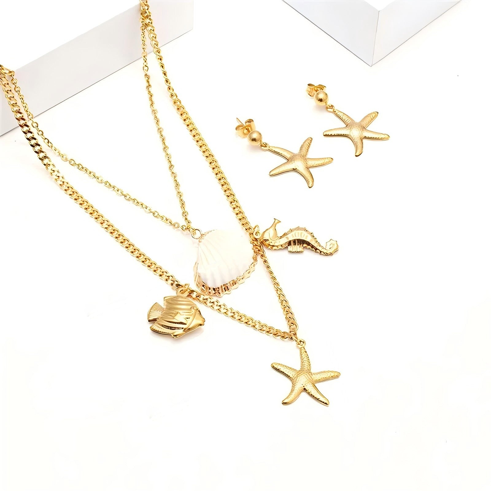 Summer Beach Women Jewelry Double-layer Necklace Earrings Set Accessories Fashion Jewelry Stainless Steel Jewelry Sets