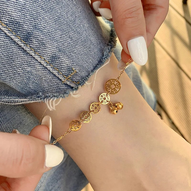 Sweet Coin Bells Pendant Charm Chain Anklets For Women Fashion Trend Fine Jewelry Party Gifts