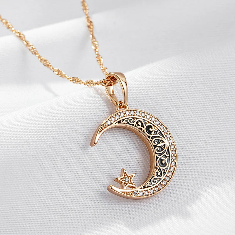 Trend Black Enamel Stars Moon Pendant Rose Gold Color With Natural Zircon Necklace for Women