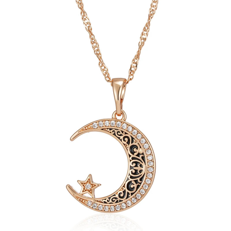 Trend Black Enamel Stars Moon Pendant Rose Gold Color With Natural Zircon Necklace for Women