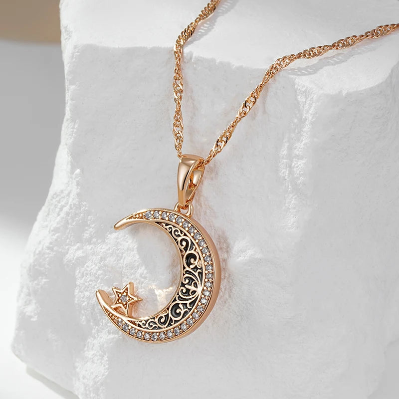 Trend Black Enamel Stars Moon Pendant Rose Gold Color With Natural Zircon Necklace for Women
