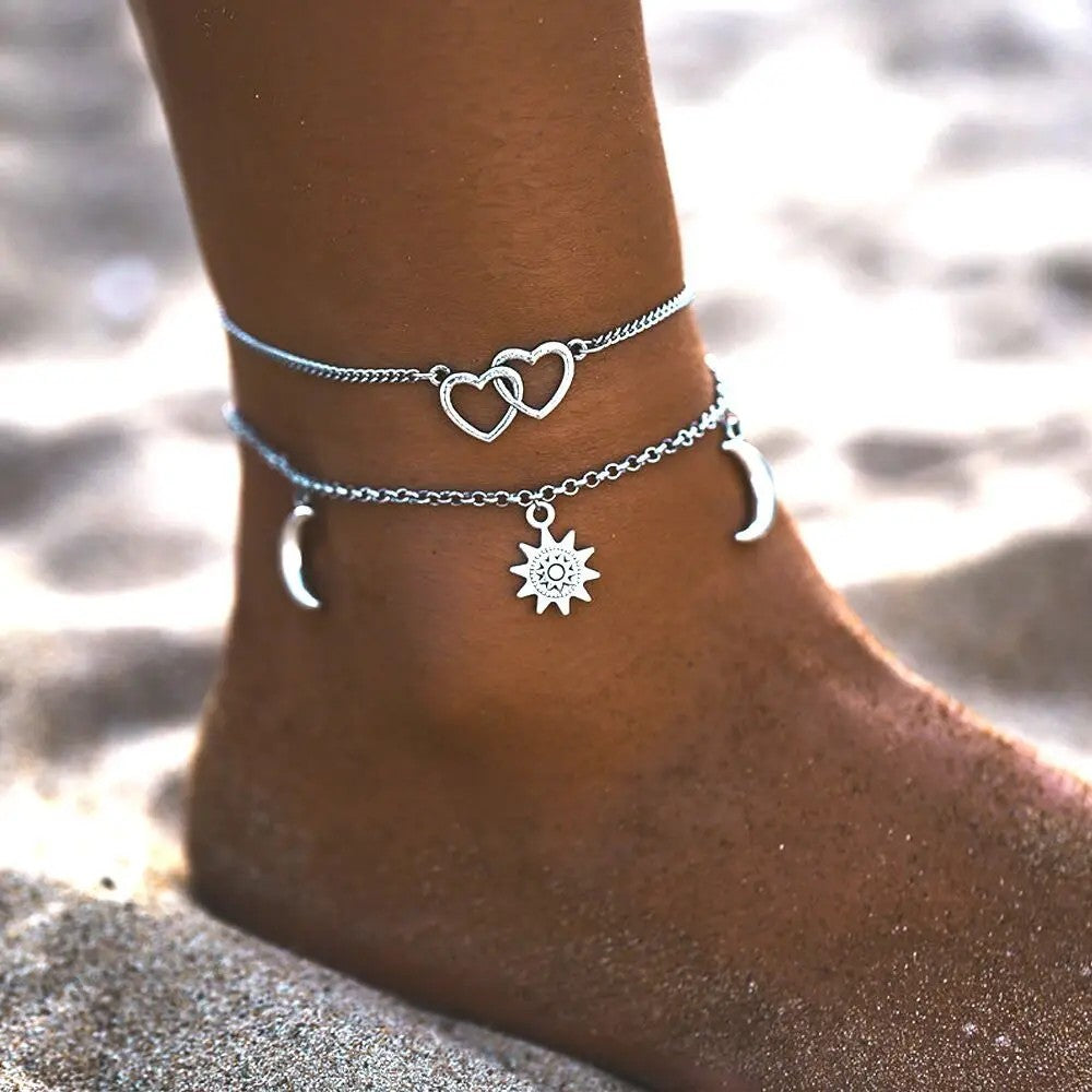Two Layers Chain Heart Moon Sun Silver Color Anklets For Women