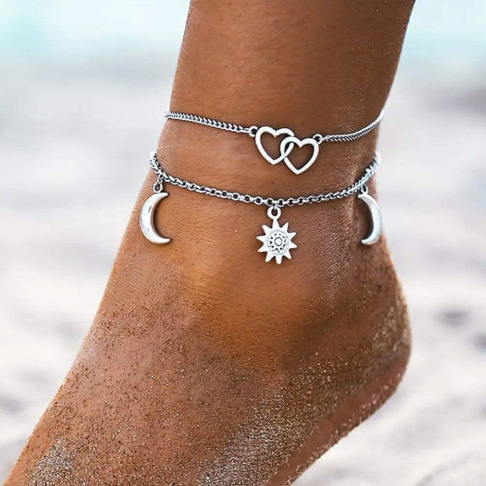 Two Layers Chain Heart Moon Sun Silver Color Anklets For Women