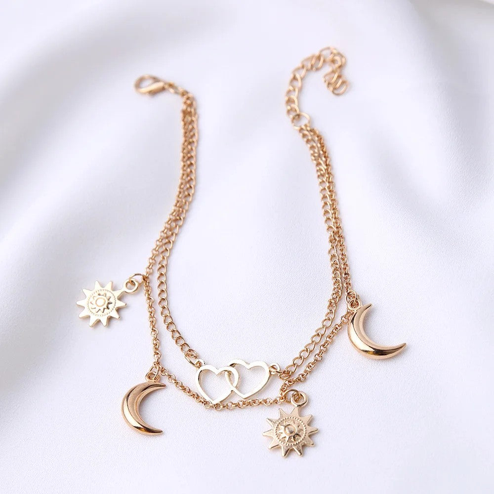 Two Layers Chain Heart Moon Sun Silver Color Anklets For Women