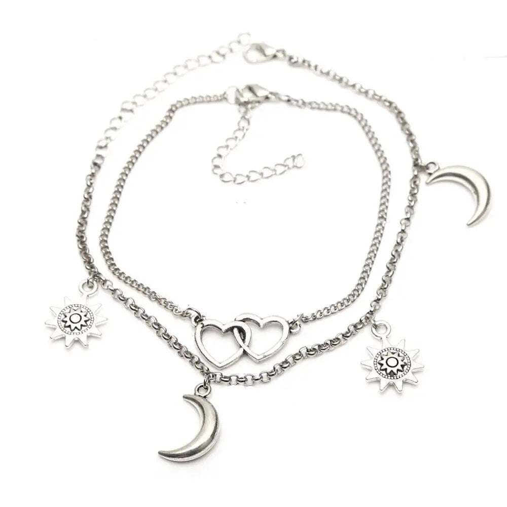 Two Layers Chain Heart Moon Sun Silver Color Anklets For Women
