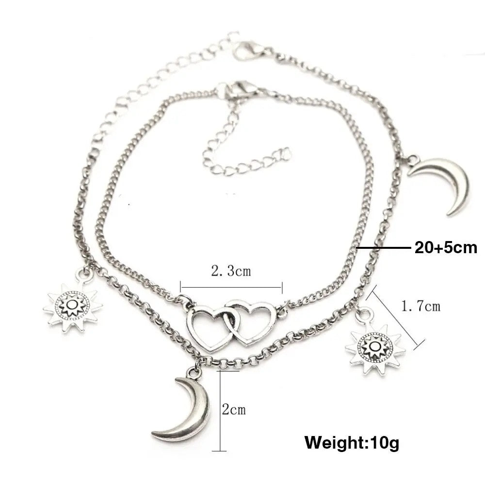 Two Layers Chain Heart Moon Sun Silver Color Anklets For Women