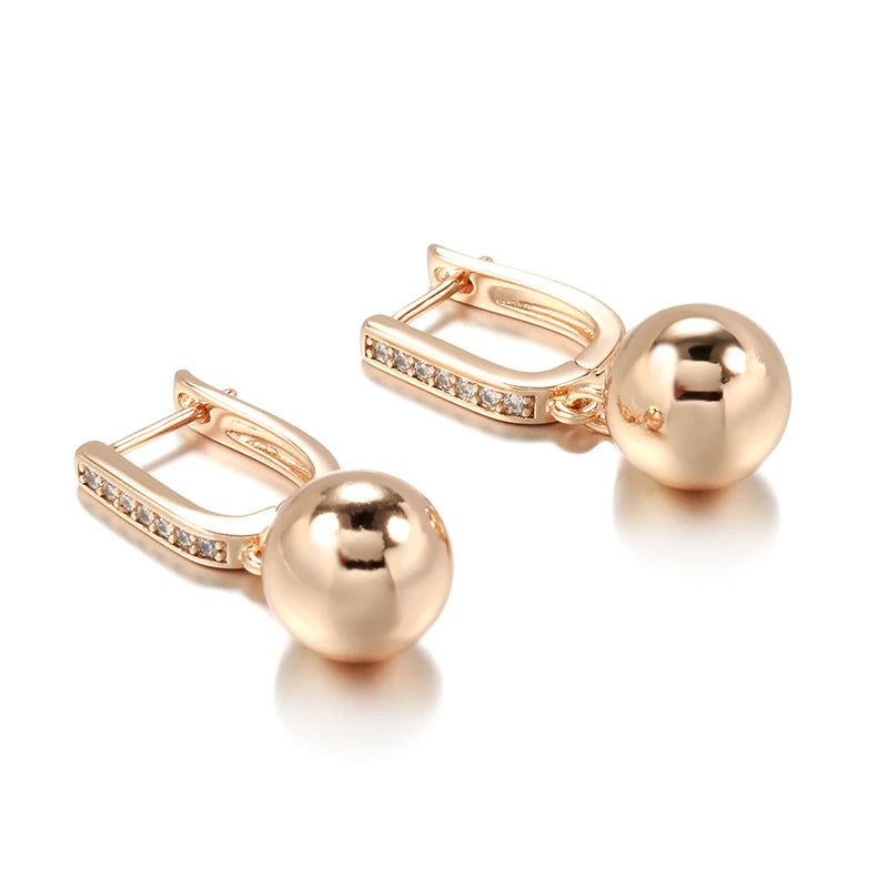 585 Rose Gold Long Earrings for Women Unique Simple Glossy Ball Natural Zircon Dangle Earrings Fine Wedding Jewelry