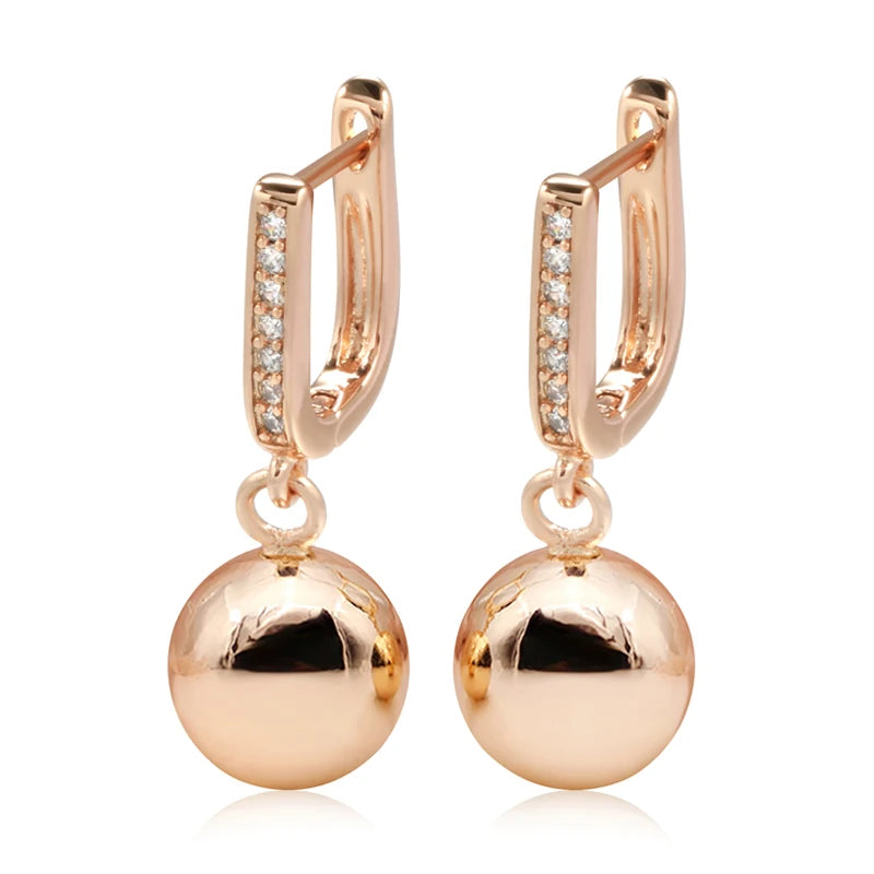 585 Rose Gold Long Earrings for Women Unique Simple Glossy Ball Natural Zircon Dangle Earrings Fine Wedding Jewelry