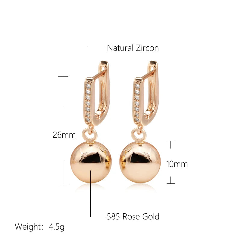 585 Rose Gold Long Earrings for Women Unique Simple Glossy Ball Natural Zircon Dangle Earrings Fine Wedding Jewelry
