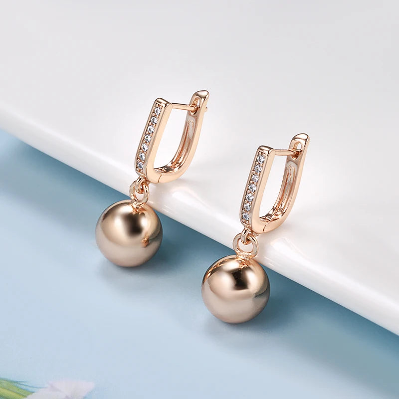 585 Rose Gold Long Earrings for Women Unique Simple Glossy Ball Natural Zircon Dangle Earrings Fine Wedding Jewelry