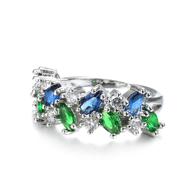Vintage Blue Green Crystal Zircon Silver Ring - Vintage Wedding Jewelry