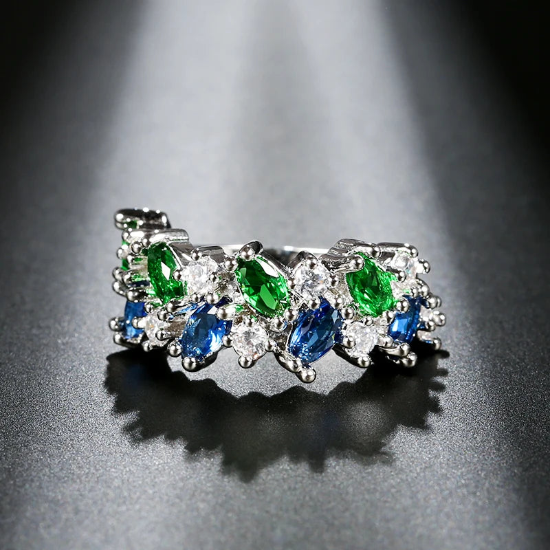 Vintage Blue Green Crystal Zircon Silver Ring - Vintage Wedding Jewelry