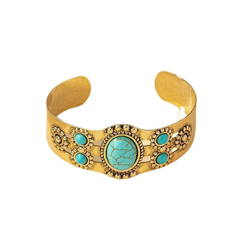 Vintage Bohemian Style Artificial Inlaid Turquoise Cuff Bangle for Women Men