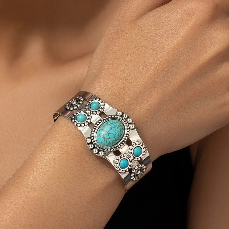Vintage Bohemian Style Artificial Inlaid Turquoise Cuff Bangle for Women Men