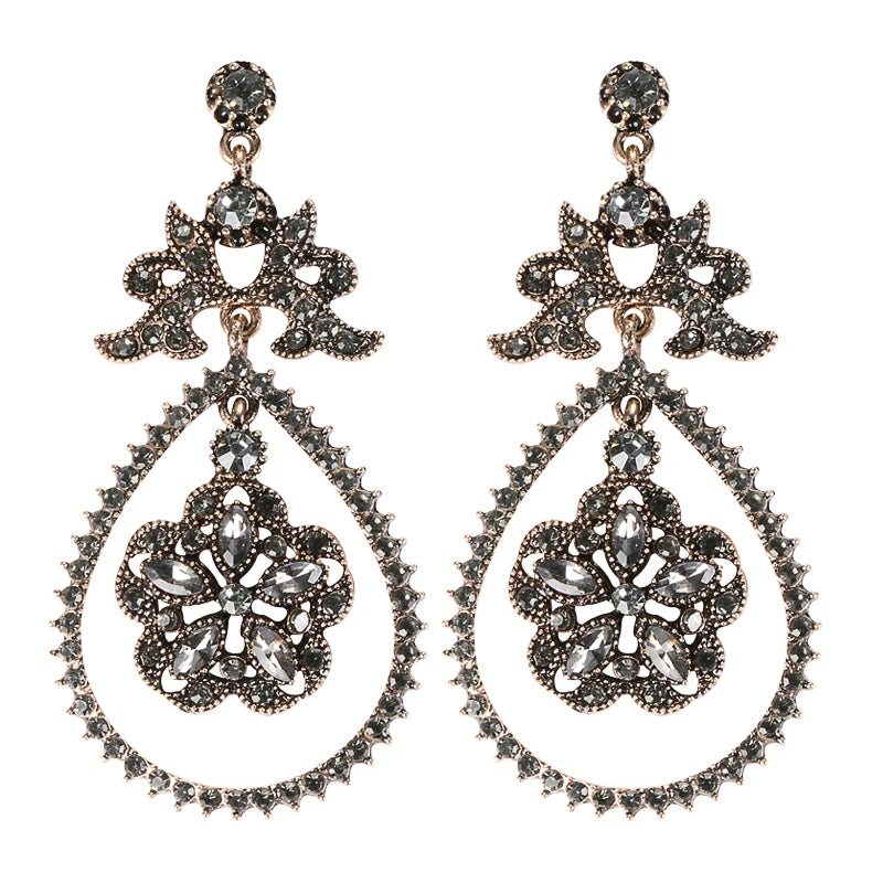Luxury Gray Crystal Flower Bridal Earrings For Women Antique Gold Beach Party Water Drop Drop Earrings Vintage Jewelry