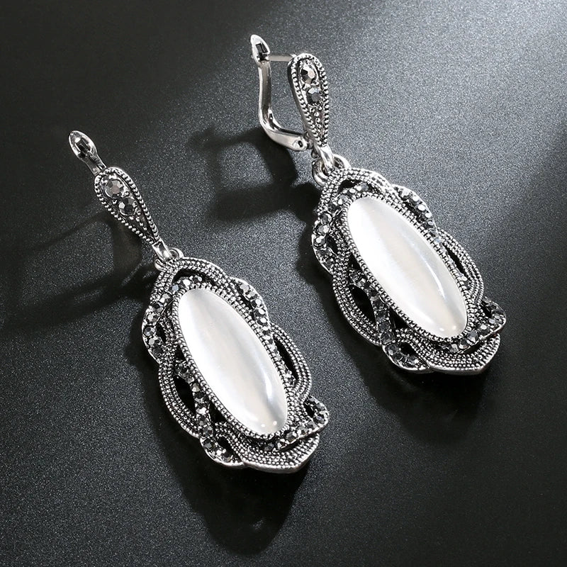 Top Quality Bohemian Black Stone Earring Tibetan Silver Mosaic AAA Gray Crystal Big Oval Earring For Women Vintage Jewelry