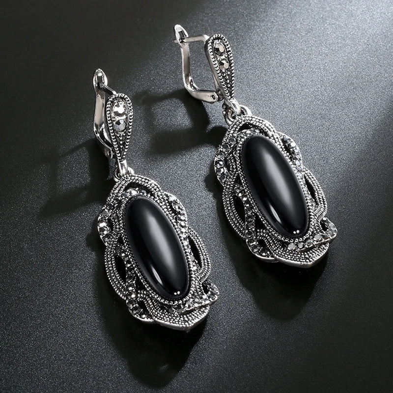 Top Quality Bohemian Black Stone Earring Tibetan Silver Mosaic AAA Gray Crystal Big Oval Earring For Women Vintage Jewelry