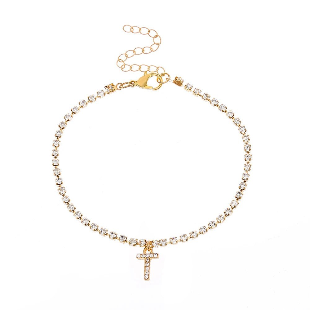 Tiny Crysta Letter Anklets For Women Alphabet Cuban Link Chain Foot Accessories Fashion Summer Beach Jewelry Gifts