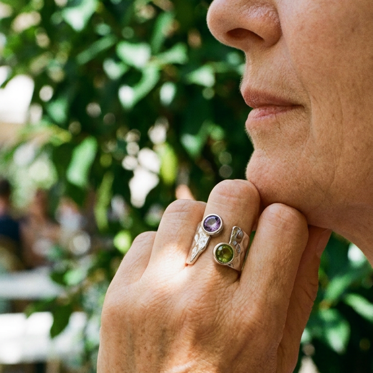 Silver dual stone hammered wide band ring worn outdoors, green and purple stones catching natural light, lush garden background

