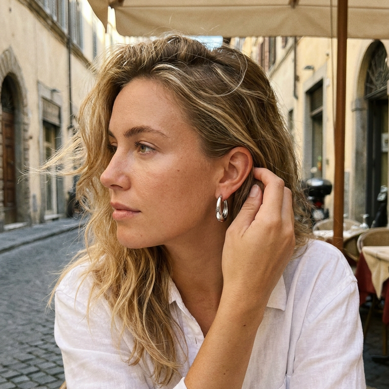Woman sitting at outdoor cafe touching ear wearing silver chunky hoop earrings, thick mirror-polished hoop visible at earlobe, white linen shirt, blurred European cobblestone street and arched building background
