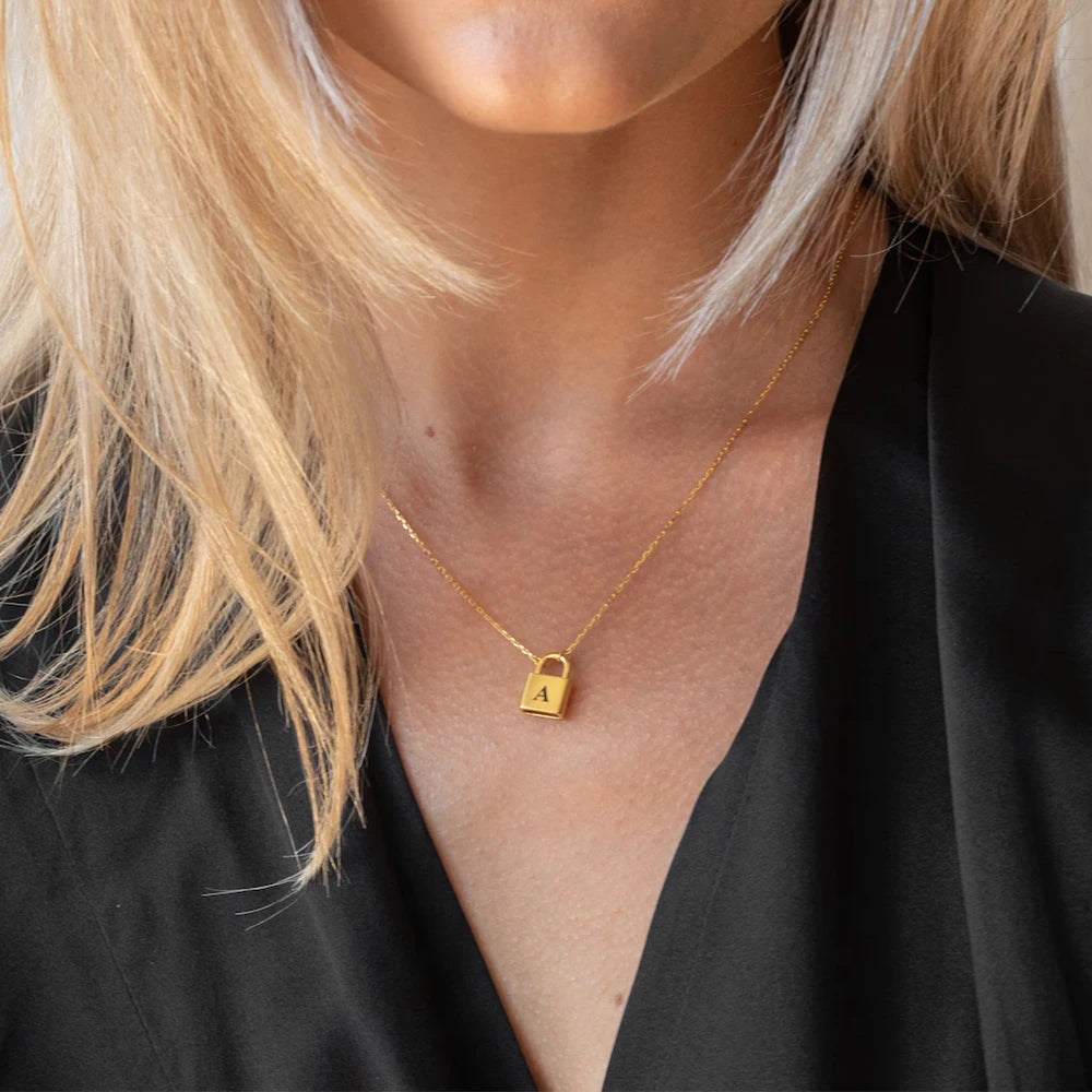 14K Gold Plated Stainless Steel Lock Initial Pendant Necklace
