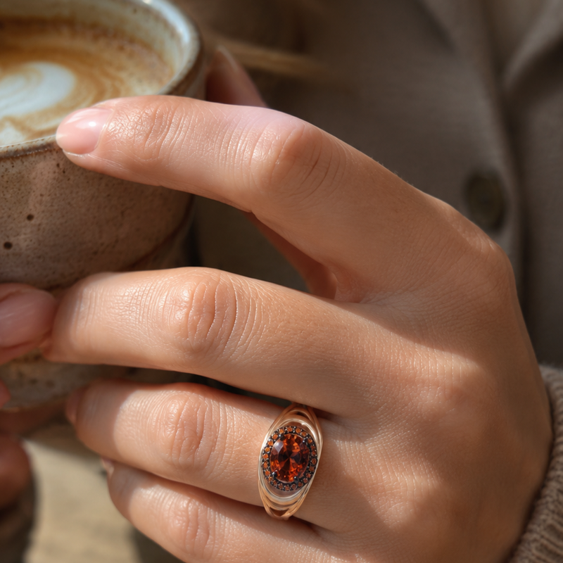 Oval Red Zircon with Ombre Halo Statement Ring