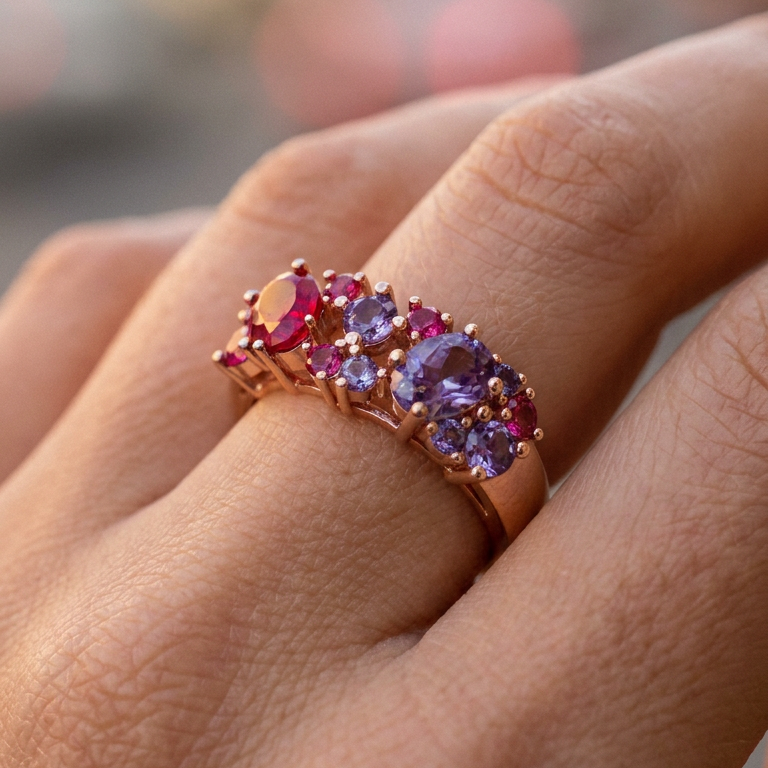 Vintage Purple & Red Zircon Cluster Rose Gold Ring