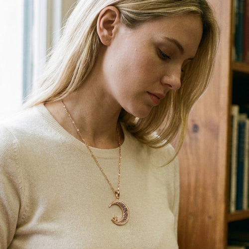 Trend Black Enamel Stars Moon Pendant Rose Gold Color With Natural Zircon Necklace for Women